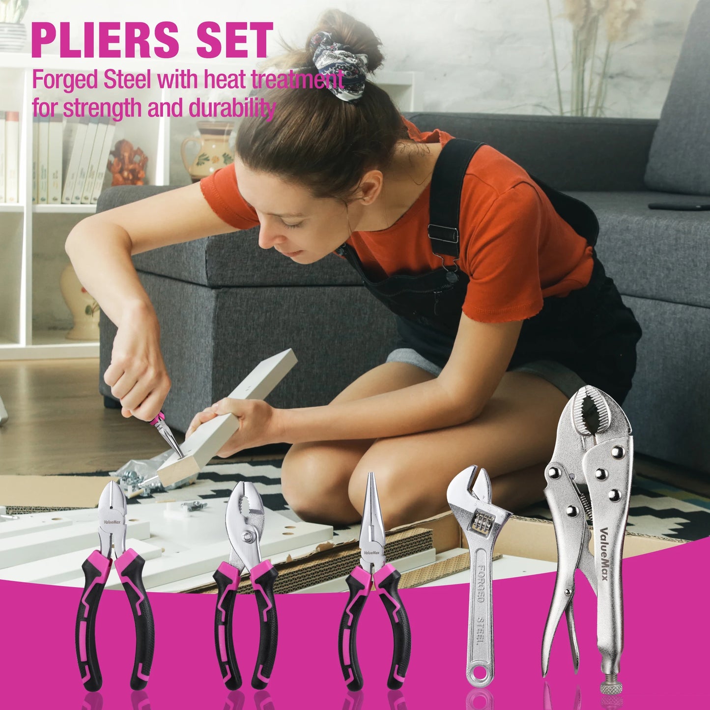 Juego de herramientas rosa para el hogar de 218 piezas con bolsa de apertura grande de 13"