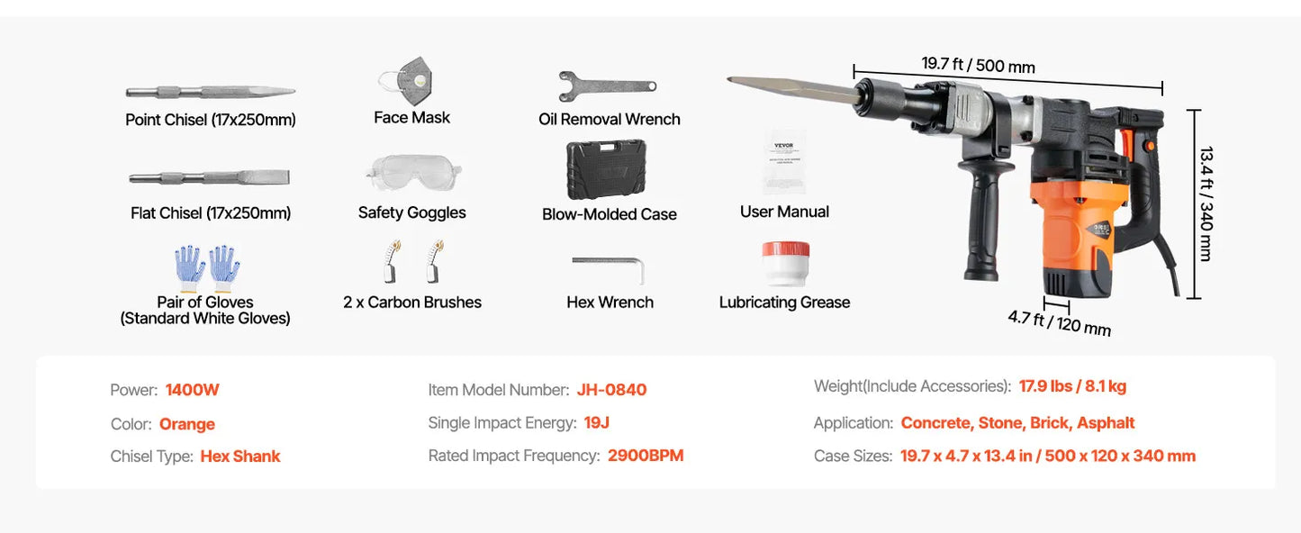 Martillo demoledor eléctrico 1400W con cinceles planos y puntiagudos, mango rotativo 360° y maletín portátil