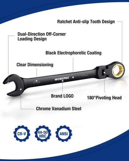 Juego de llaves combinadas con trinquete flexible Metrico 8 piezas 8mm a 17mm