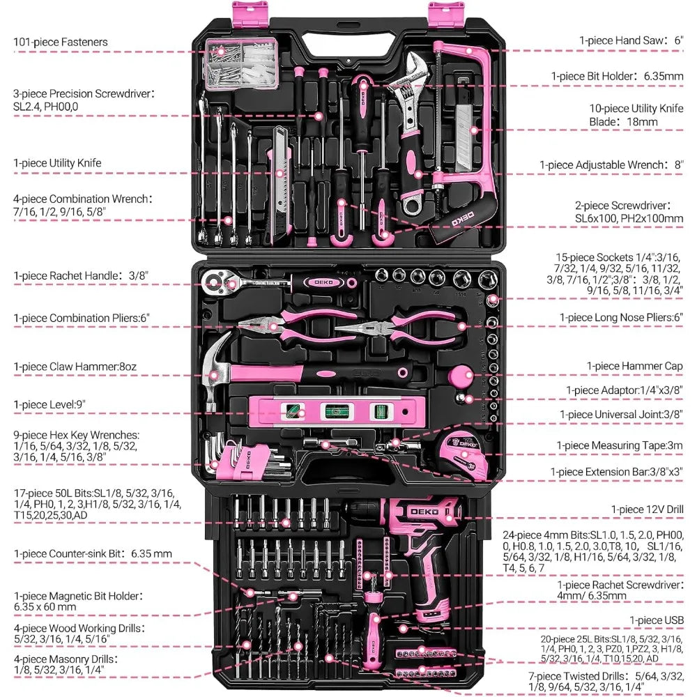 Juego de herramientas rosa 238 piezas con taladro inalámbrico 12V y caja organizadora