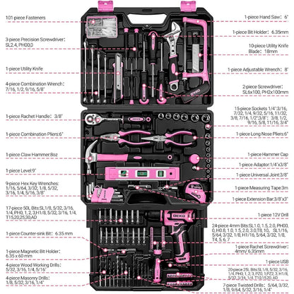 Juego de herramientas rosa 238 piezas con taladro inalámbrico 12V y caja organizadora