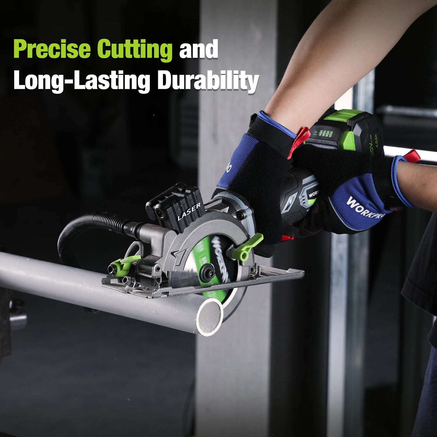 Sierra circular inalámbrica de 20V con láser, 115 mm, 4500 RPM, 4.0Ah, con 3 discos, guía paralela y bolsa de transporte