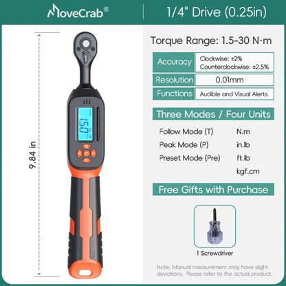 Llave dinamométrica digital 1/4" de precisión 1.5–30 N·m con pantalla LED y alarma