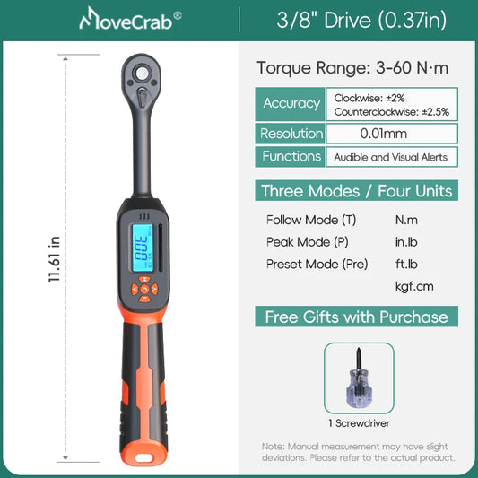 Llave dinamométrica digital 3/8" de precisión 3–60 N·m con pantalla LED y alarma