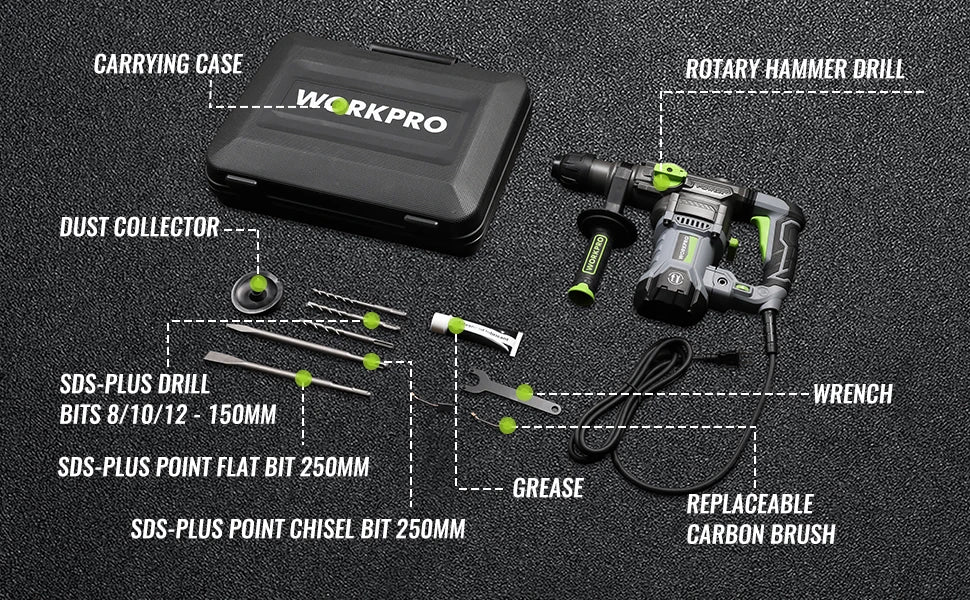 Rotomartillo SDS-Plus 12.5A con 4 Funciones y Estuche de Transporte
