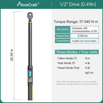 Llave dinamométrica digital 1/2" de precisión 17–340 N·m con pantalla LED y alarma