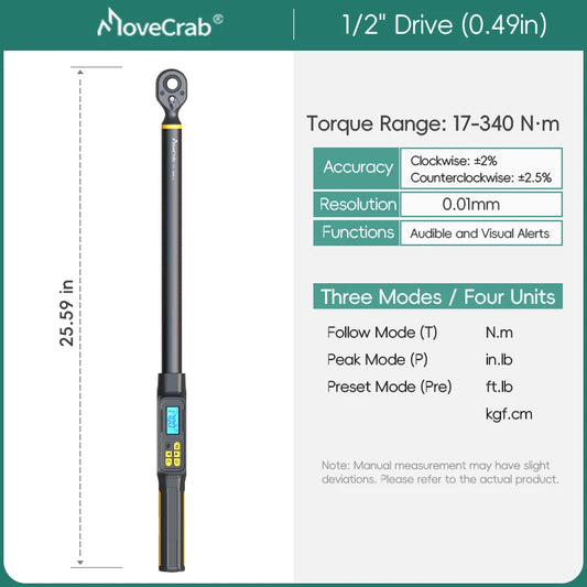 Llave dinamométrica digital 1/2" de precisión 17–340 N·m con pantalla LED y alarma