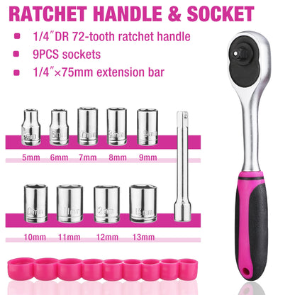 Juego de herramientas rosa para el hogar de 218 piezas con bolsa de apertura grande de 13"