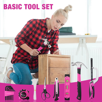 Juego de herramientas rosa para el hogar de 218 piezas con bolsa de apertura grande de 13"