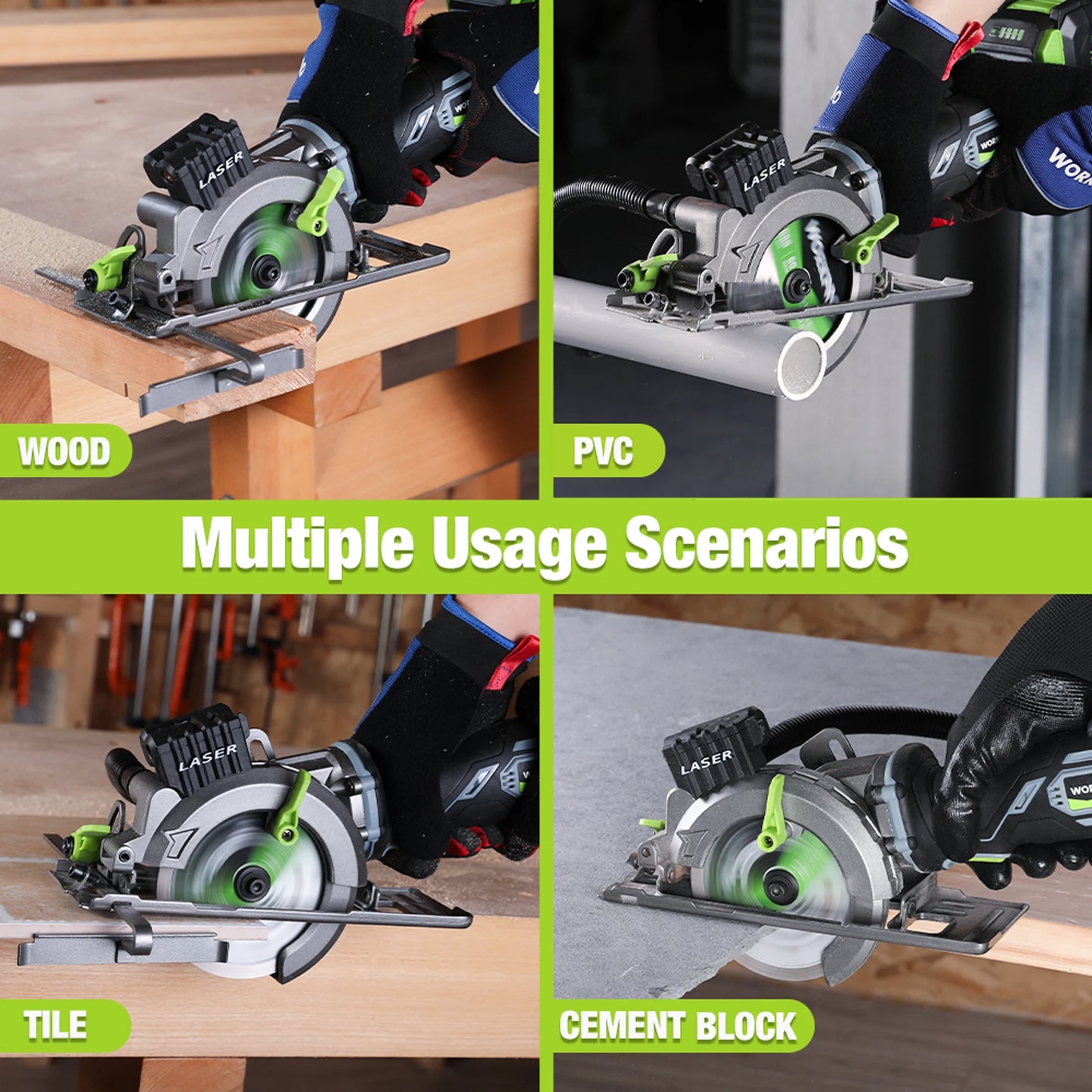 Sierra circular inalámbrica de 20V con láser, 115 mm, 4500 RPM, 4.0Ah, con 3 discos, guía paralela y bolsa de transporte