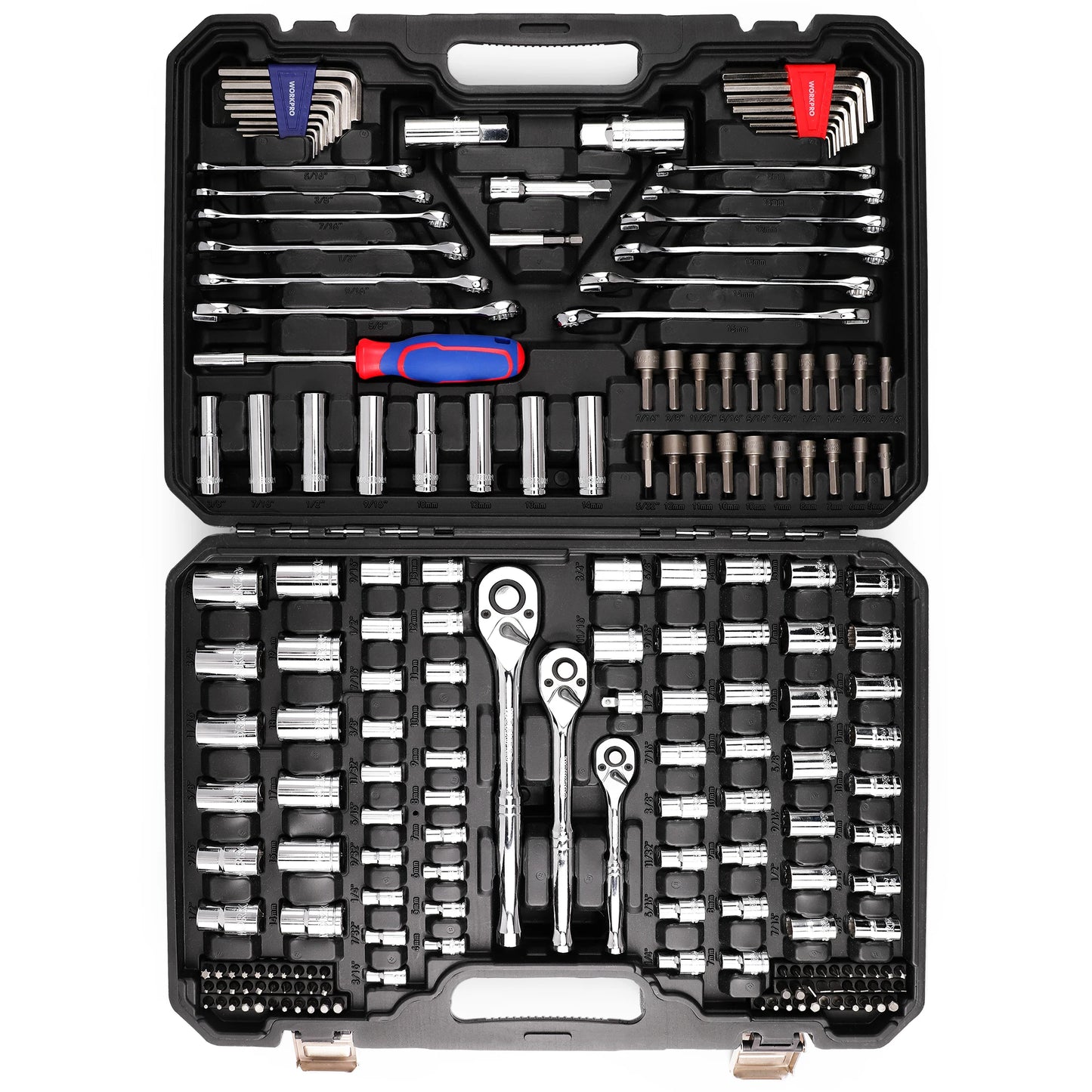 Juego de herramientas mecánicas y dados, 192 piezas SAE y métricas, con llaves de trinquete 1/4", 3/8" y 1/2"