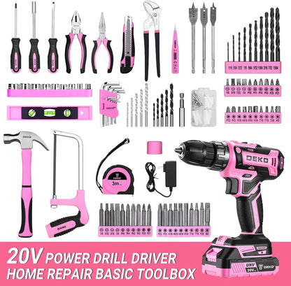 Juego de herramientas de taladro rosa DEKO 20V – Caja completa 186 piezas con batería recargable y accesorios