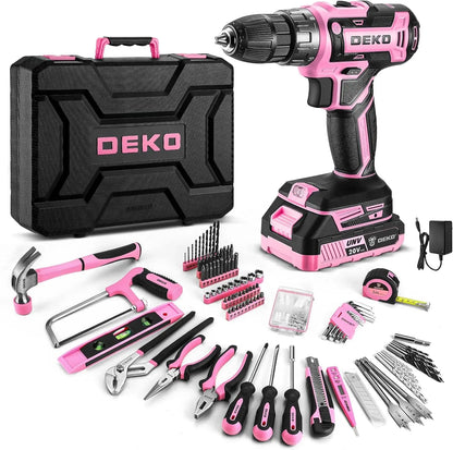 Juego de herramientas de taladro rosa DEKO 20V – Caja completa 186 piezas con batería recargable y accesorios