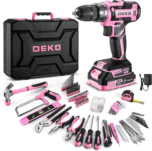 Juego de herramientas de taladro rosa DEKO 20V – Caja completa 186 piezas con batería recargable y accesorios
