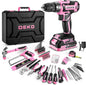 Juego de herramientas de taladro rosa DEKO 20V – Caja completa 186 piezas con batería recargable y accesorios