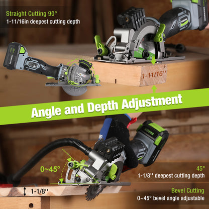 Sierra circular inalámbrica de 20V con láser, 115 mm, 4500 RPM, 4.0Ah, con 3 discos, guía paralela y bolsa de transporte