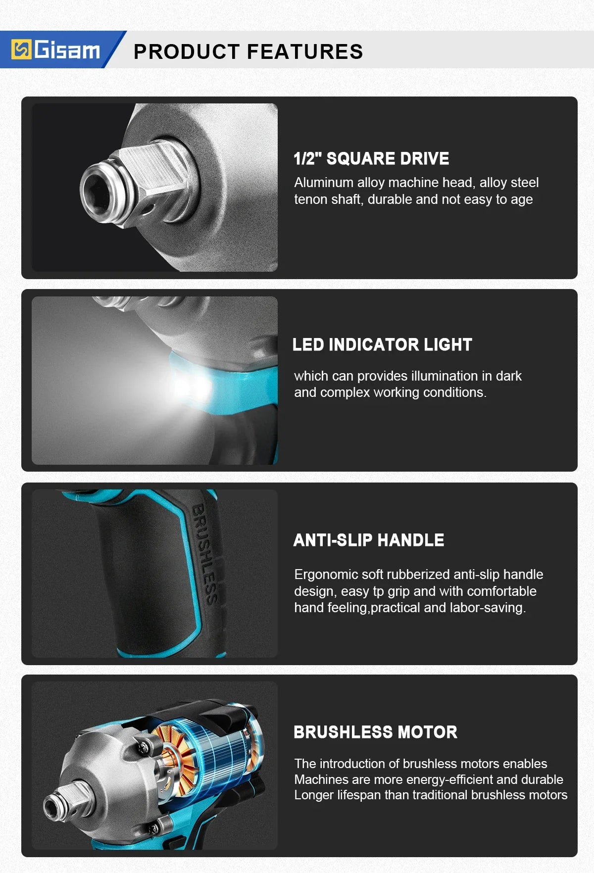 Llave de Impacto Inalámbrica Brushless 1000Nm 18V 1/2" Compatible con Baterías Makita