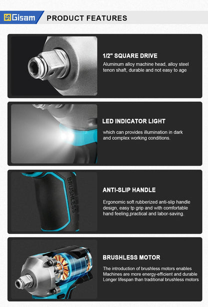 Llave de Impacto Inalámbrica Brushless 1000Nm 18V 1/2" Compatible con Baterías Makita