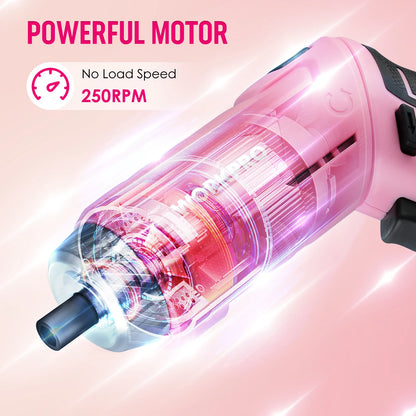 Juego de herramientas rosa de 74 piezas con destornillador inalámbrico giratorio 3.7V y caja de acero portátil de 13''