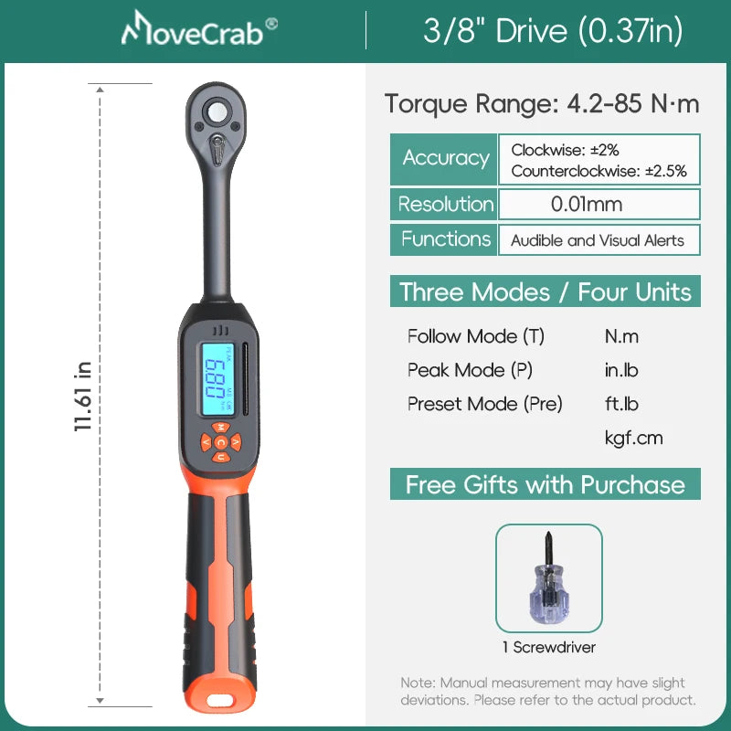 Llave dinamométrica digital 3/8" de precisión 4.2–85 N·m con pantalla LED y alarma