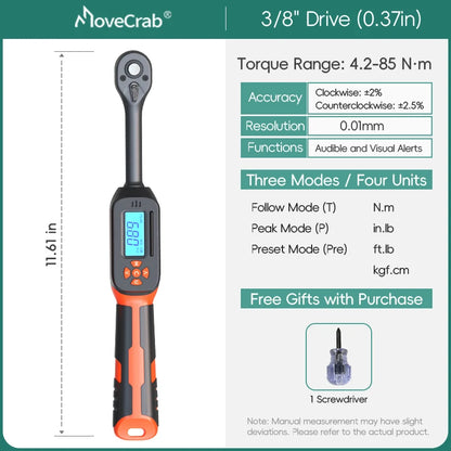Llave dinamométrica digital 3/8" de precisión 4.2–85 N·m con pantalla LED y alarma
