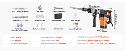 Martillo demoledor eléctrico 1400W con cinceles planos y puntiagudos, mango rotativo 360° y maletín portátil