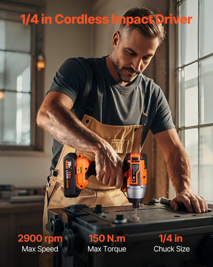 Kit de Taladro Inalámbrico y Atornillador de Impacto 20V con Baterías de 2.0Ah y Cargador